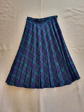 Vintage Wool Skirt Women's Size 8 Midi Blue Green Pleated Plaid